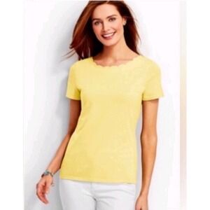 Talbots Pima Cotton Scalloped Neck Top L Soft Stretch Minimalist Butter Yellow